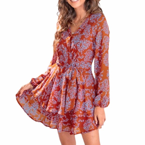 Long Sleeve Floral Print Romper Rust Burnt Orange and Lilac Size M - Picture 1 of 10